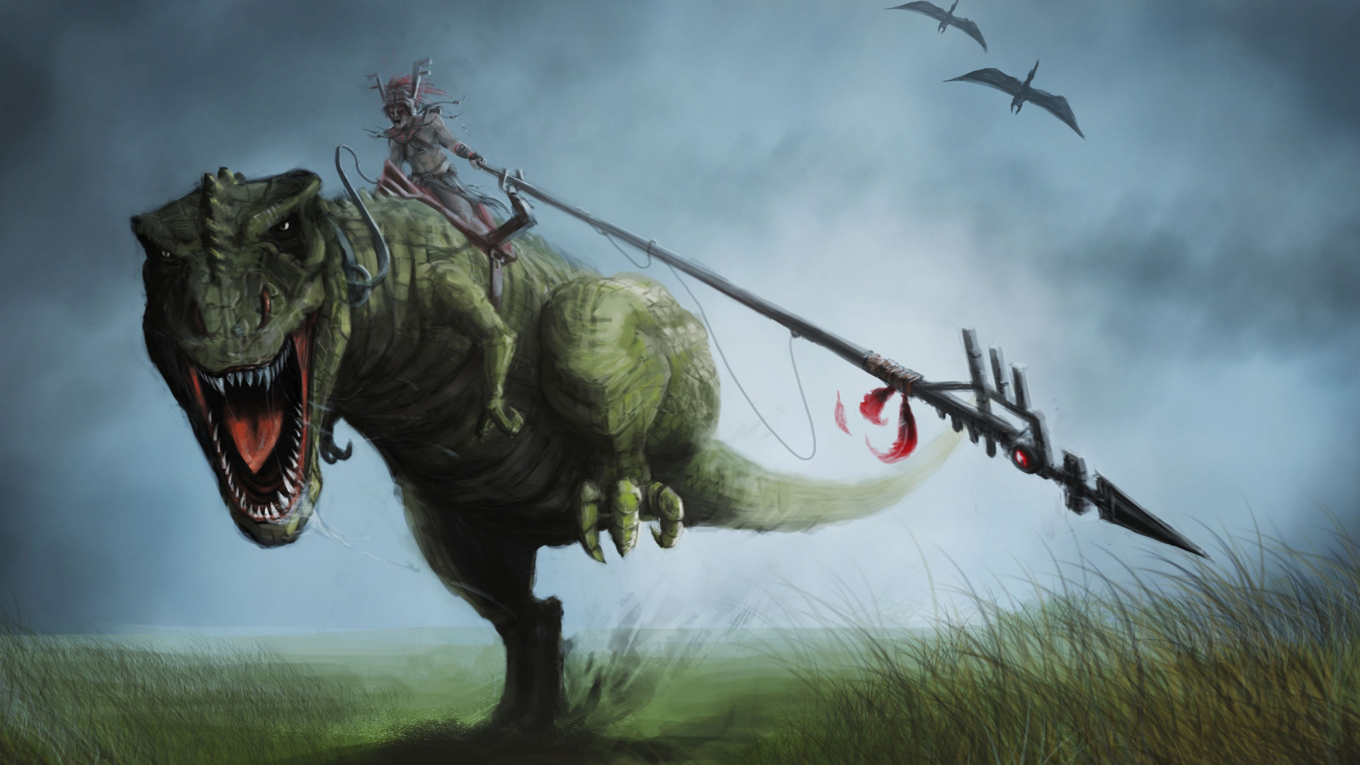 Grüner Dinosaurier Mit Schwarzer Und Roter Schleife. Wallpaper in 1920x1080 Resolution