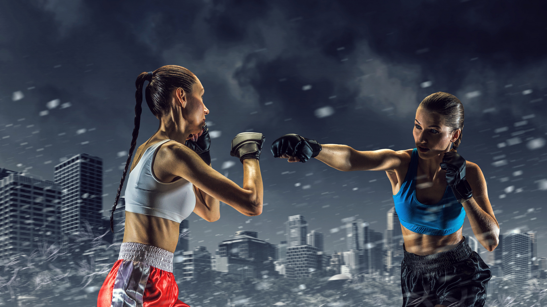 Frau in Blauem Tanktop Und Roten Shorts. Wallpaper in 1920x1080 Resolution