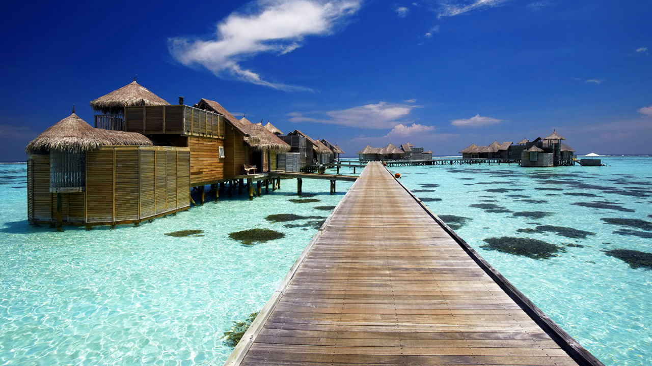 Brown Wooden Dock on Blue Water Under Blue Sky During Daytime. Wallpaper in 1280x720 Resolution