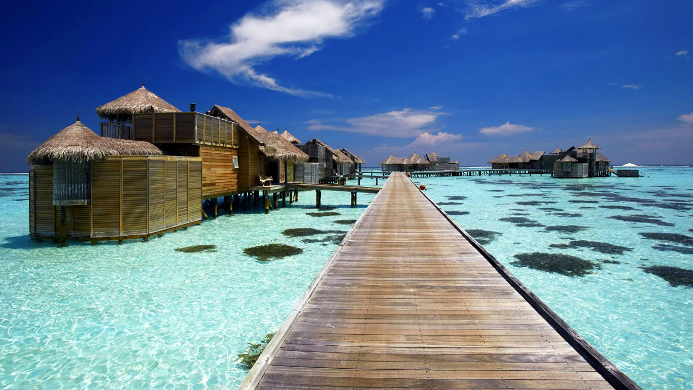 Brown Wooden Dock on Blue Water Under Blue Sky During Daytime. Wallpaper in 1366x768 Resolution