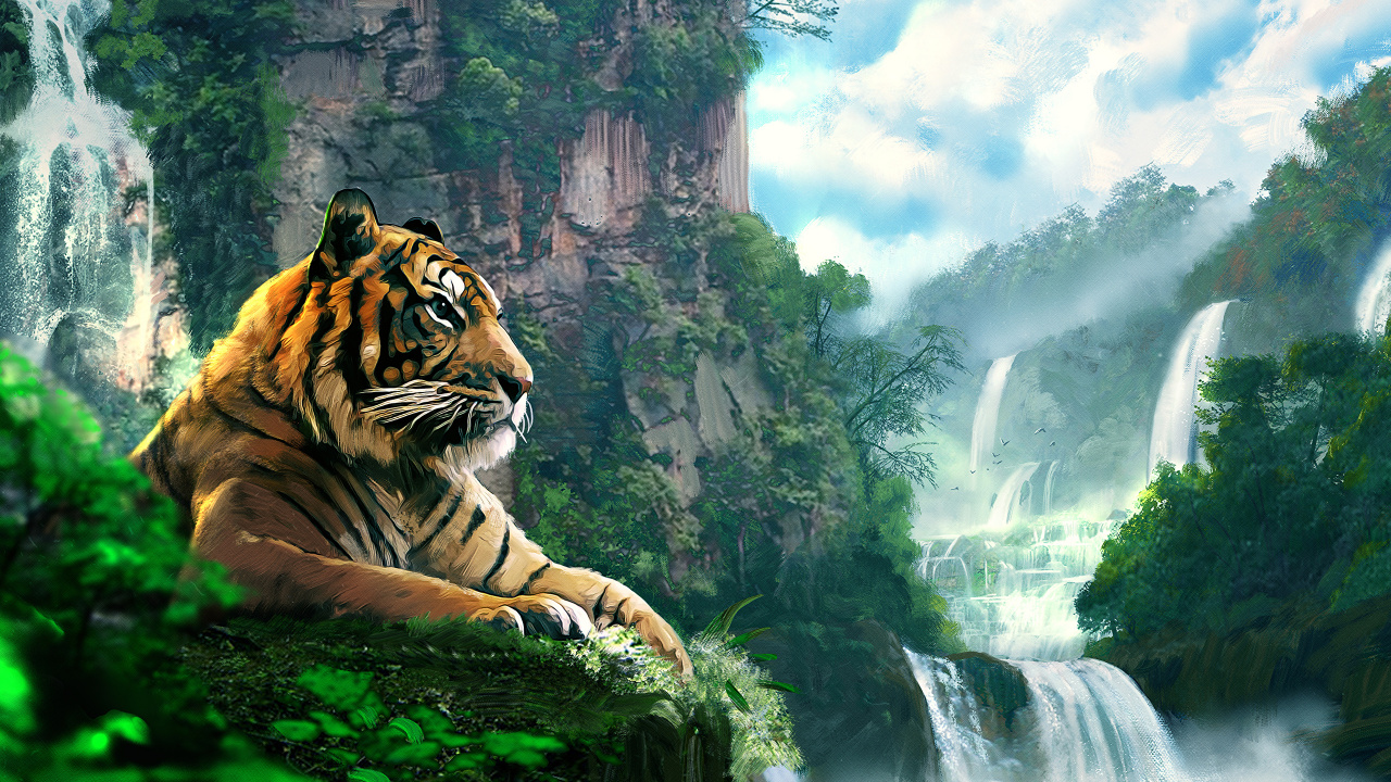 Tiger Lying on Rock Near Green Trees During Daytime. Wallpaper in 1280x720 Resolution