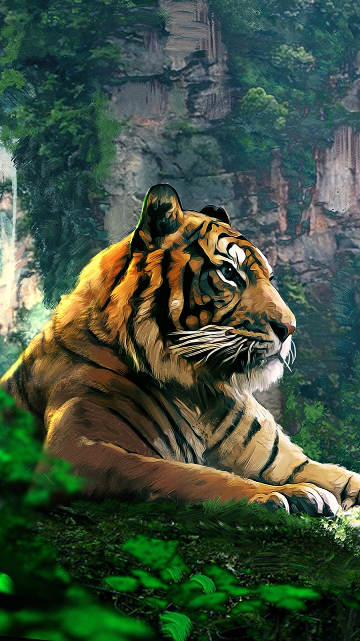 Tiger Lying on Rock Near Green Trees During Daytime. Wallpaper in 720x1280 Resolution
