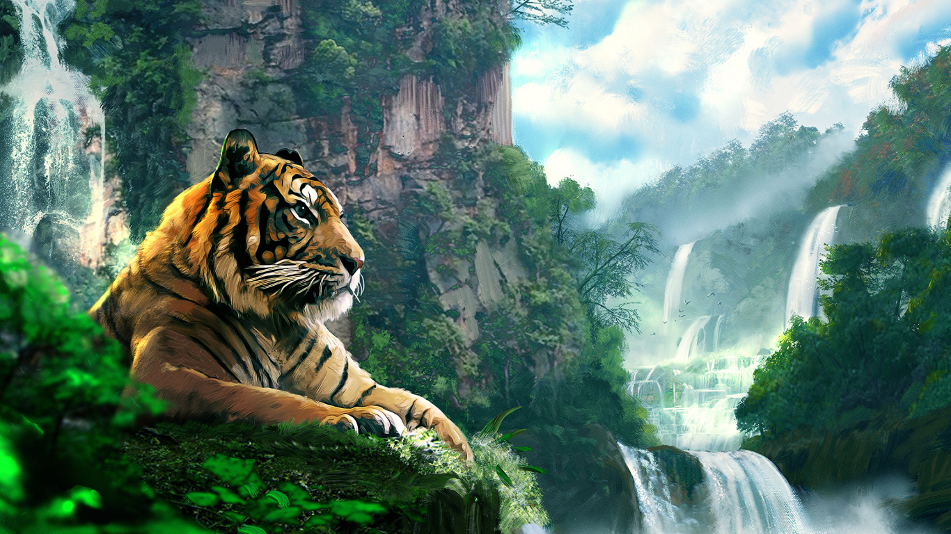 Tiger, Der Tagsüber Auf Felsen in Der Nähe Von Grünen Bäumen Liegt. Wallpaper in 1366x768 Resolution