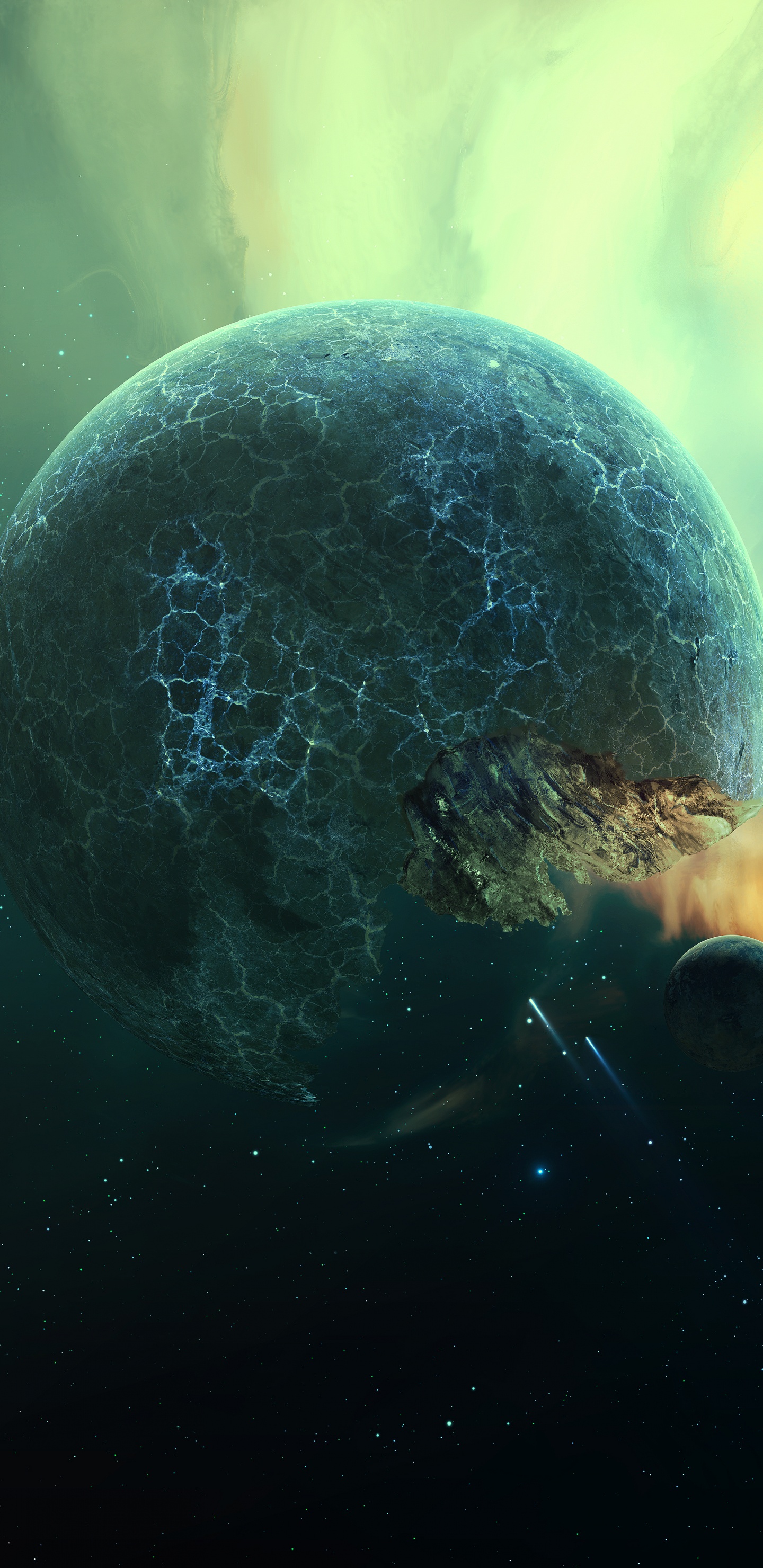 White and Black Planet With Blue and White Lights. Wallpaper in 1440x2960 Resolution