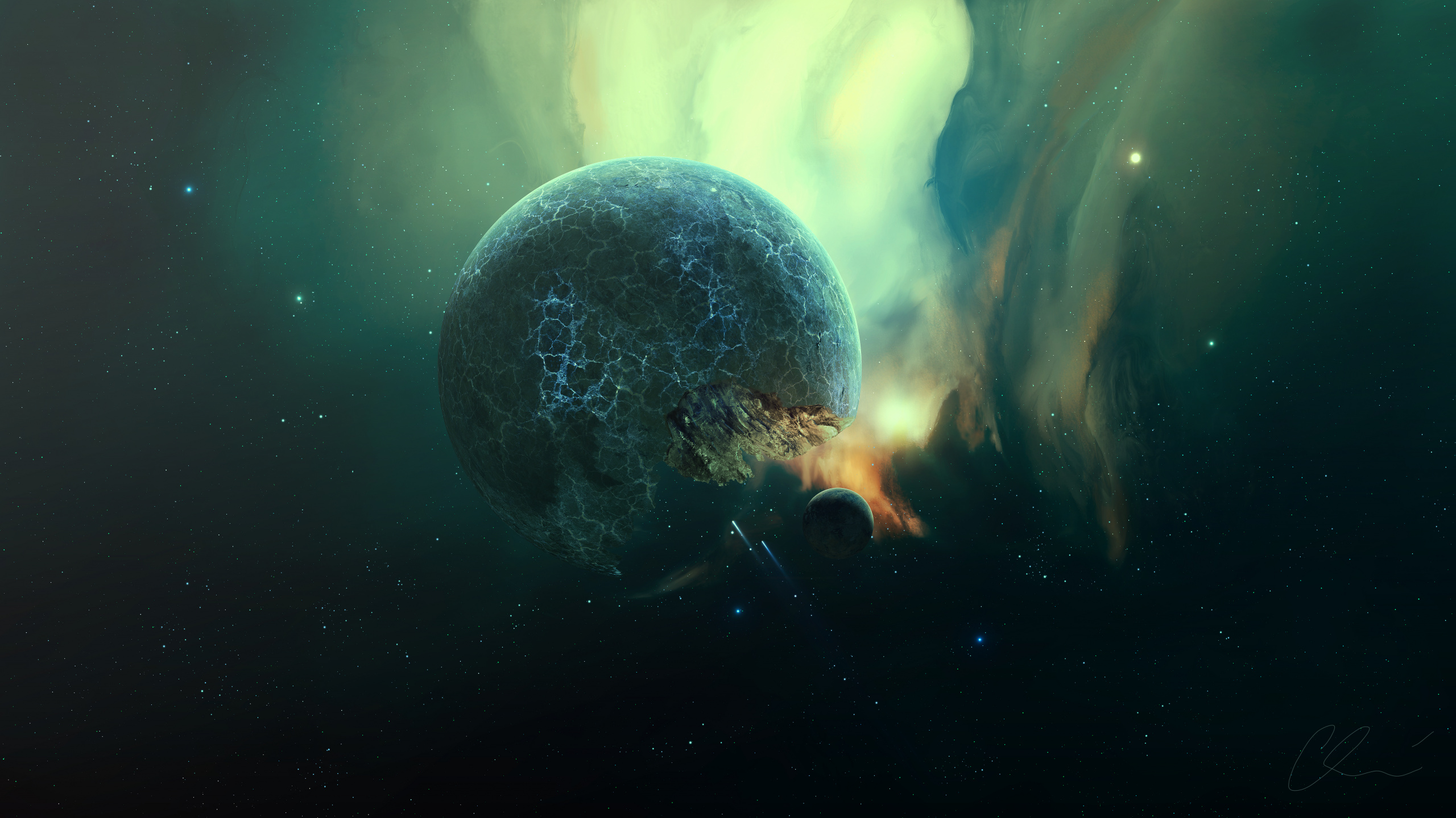 White and Black Planet With Blue and White Lights. Wallpaper in 2560x1440 Resolution