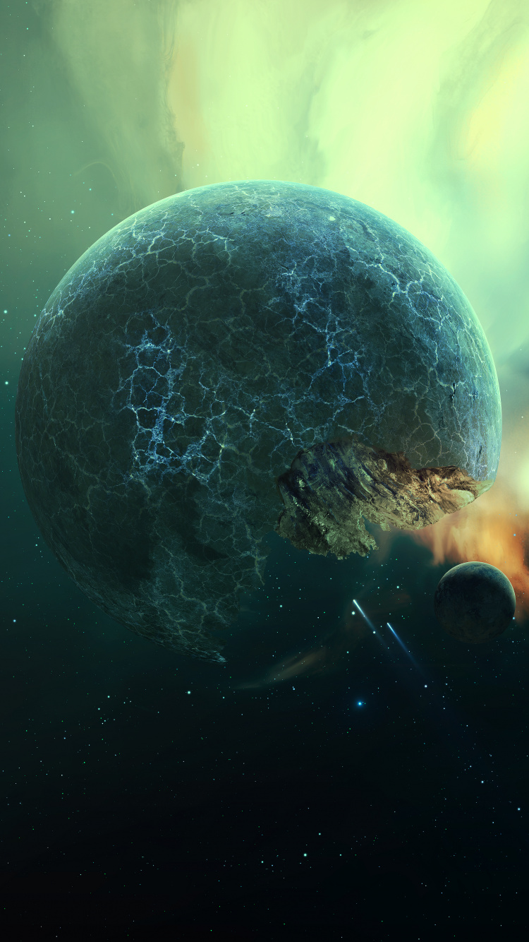 Weißer Und Schwarzer Planet Mit Blauen Und Weißen Lichtern. Wallpaper in 750x1334 Resolution