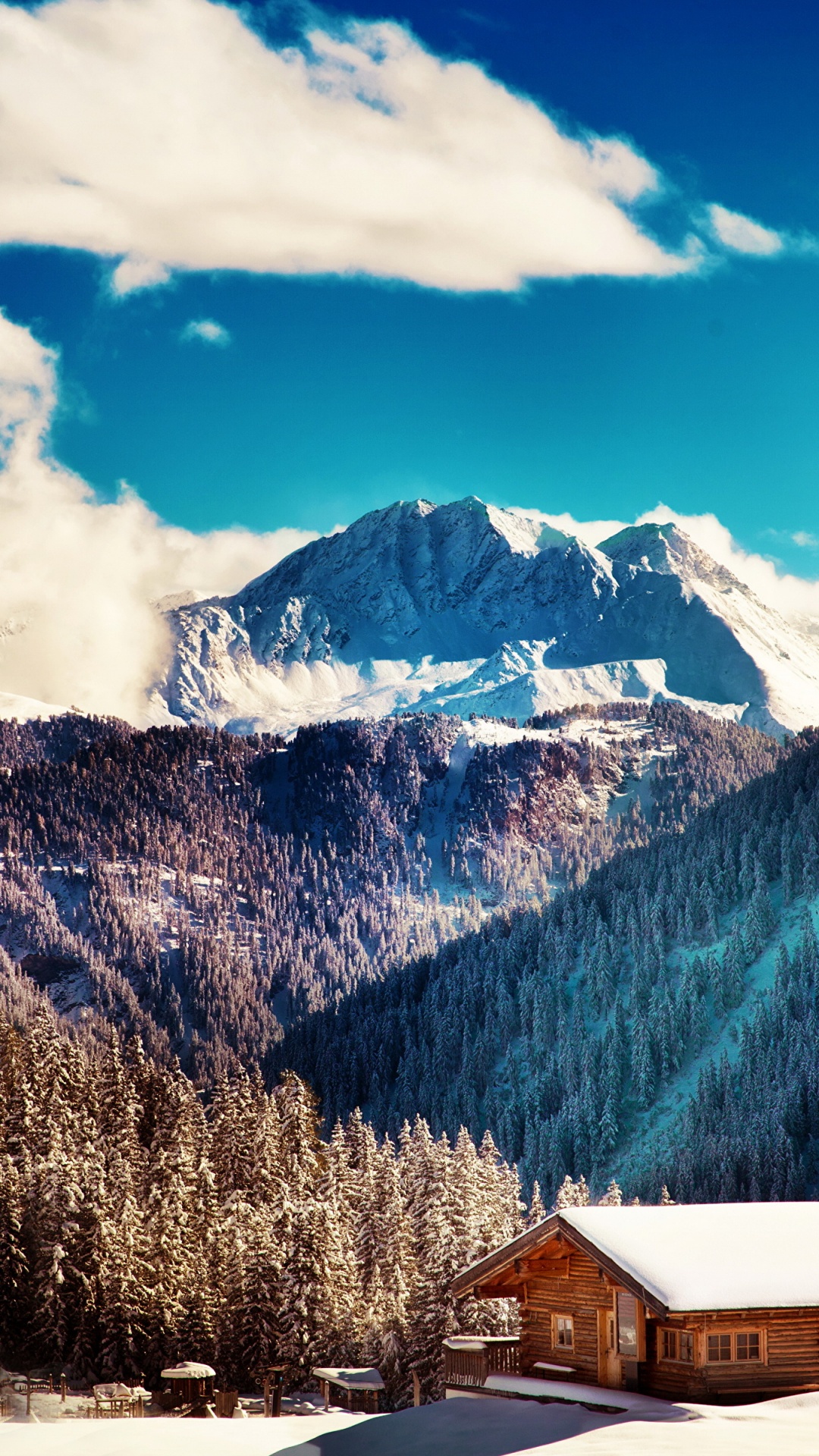 Brown Wooden House Near Green Trees and Mountain Under Blue Sky and White Clouds During Daytime. Wallpaper in 1080x1920 Resolution