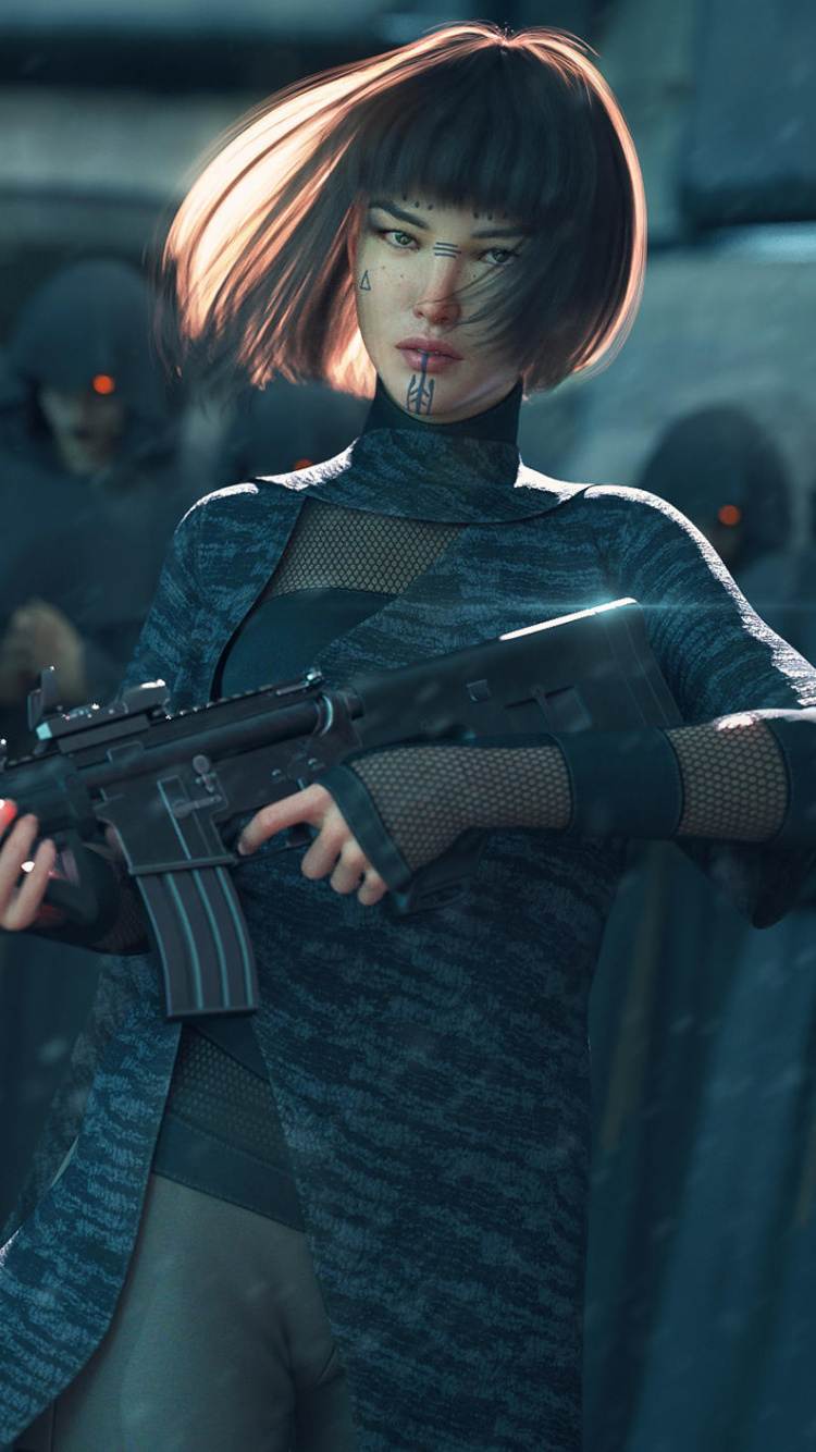 Frau in Schwarzer Jacke Mit Gewehr. Wallpaper in 750x1334 Resolution