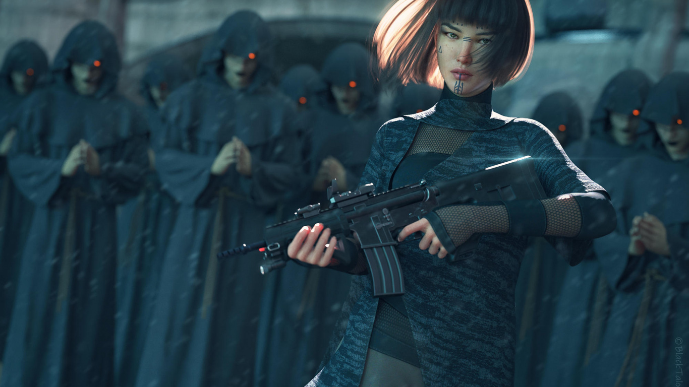 Woman in Black Jacket Holding Rifle. Wallpaper in 1366x768 Resolution