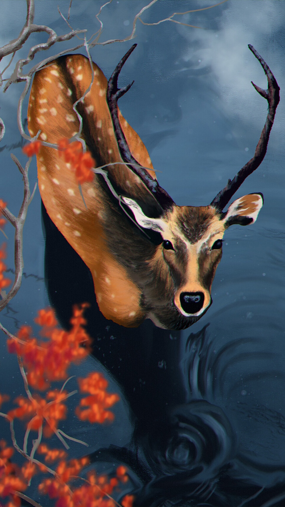 Brown Deer in Water Painting. Wallpaper in 1080x1920 Resolution