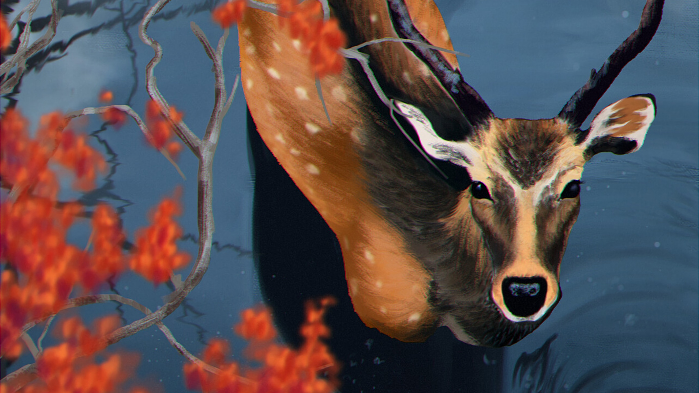 Cerf Brun Dans la Peinture à L'eau. Wallpaper in 1366x768 Resolution