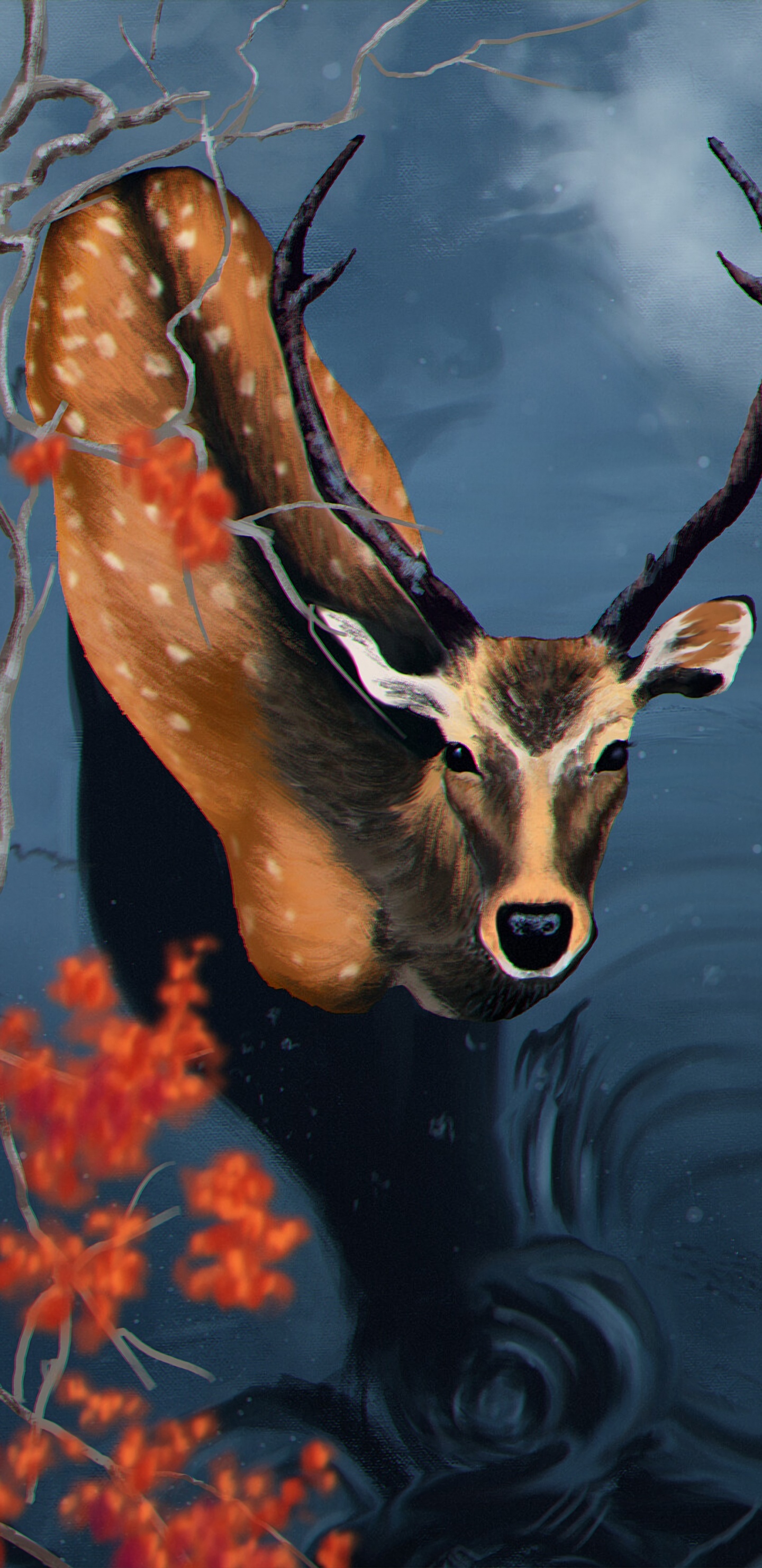 Ciervo Marrón en Pintura al Agua. Wallpaper in 1440x2960 Resolution