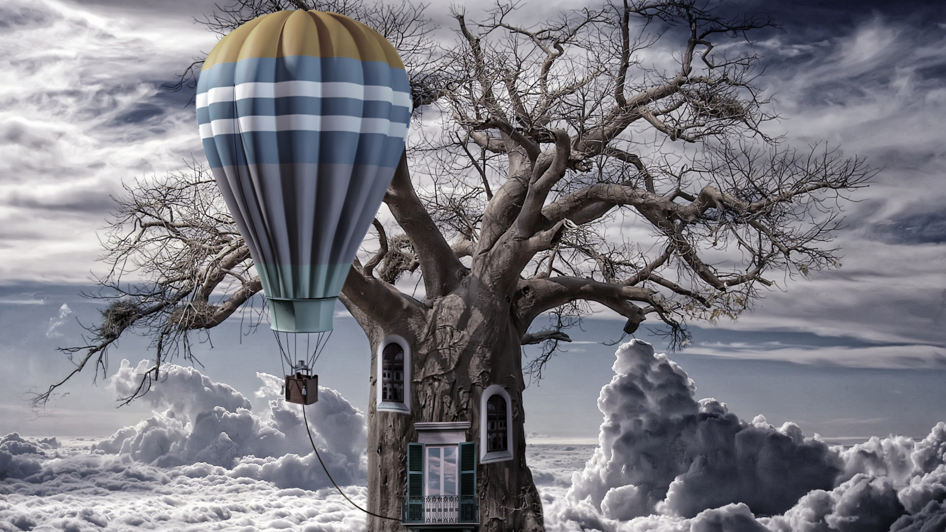 Blue and White Hot Air Balloon on Snow Covered Ground. Wallpaper in 1920x1080 Resolution