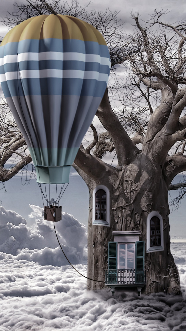 Blue and White Hot Air Balloon on Snow Covered Ground. Wallpaper in 750x1334 Resolution