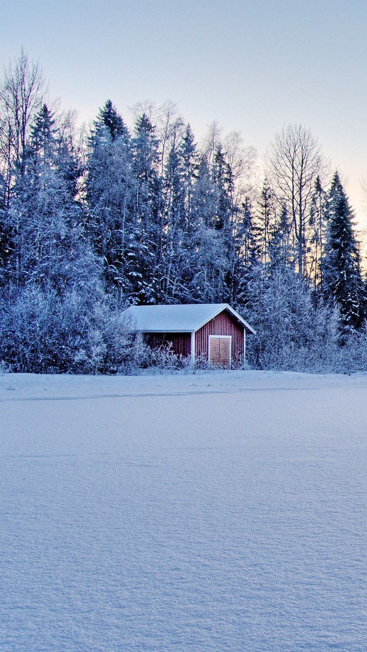 Braunes Holzhaus Auf Schneebedecktem Boden Bei Sonnenuntergang. Wallpaper in 750x1334 Resolution