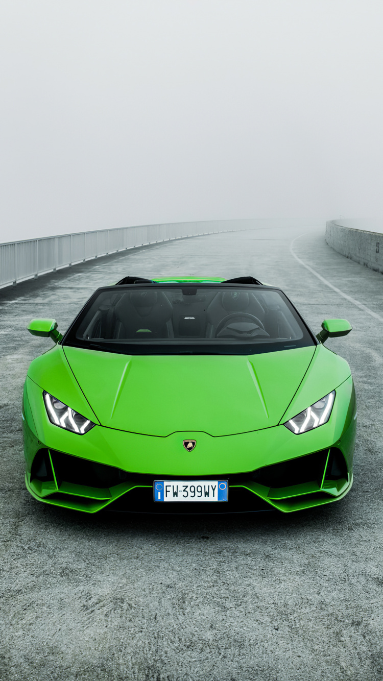 Lamborghini Aventador Verte Sur Route Goudronnée Grise. Wallpaper in 750x1334 Resolution