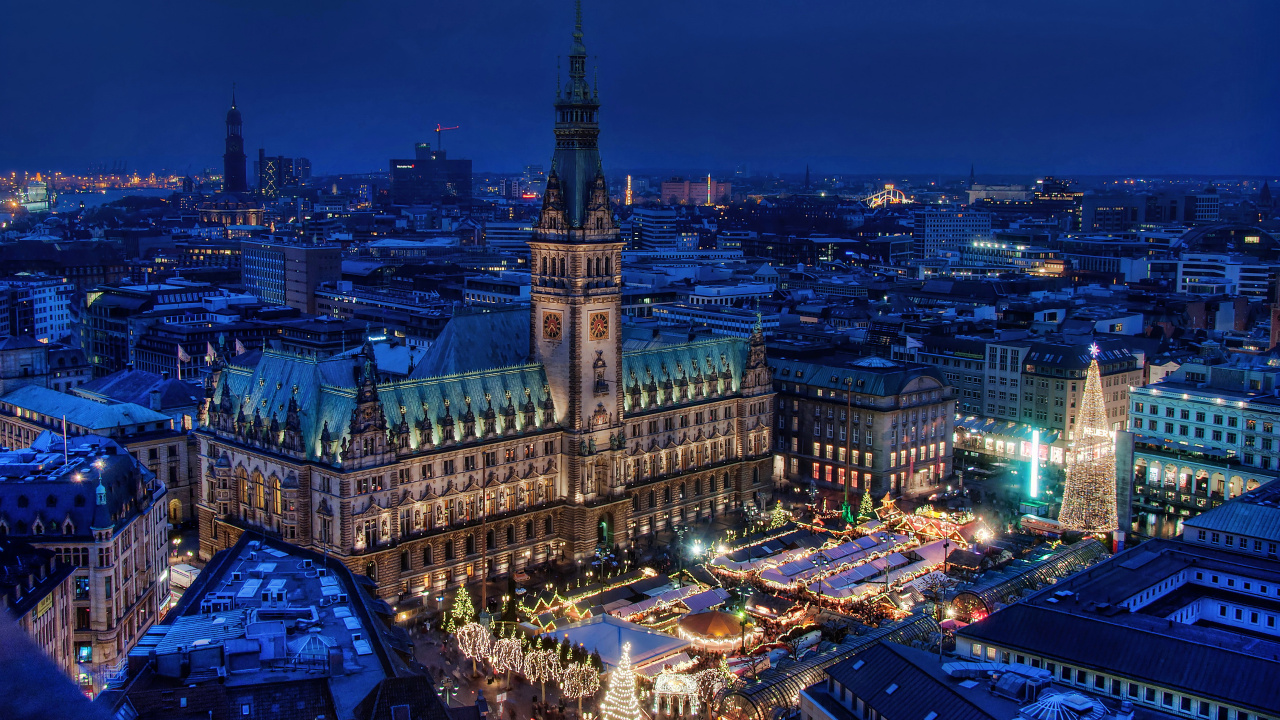 Aerial View of City Buildings During Night Time. Wallpaper in 1280x720 Resolution