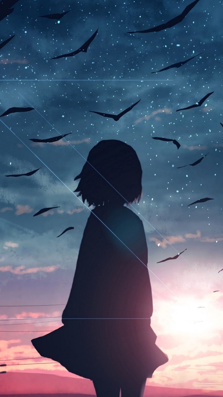 Silueta de Chica Anime, Silueta, de Dibujos Animados, Arte Animado, Animación. Wallpaper in 720x1280 Resolution