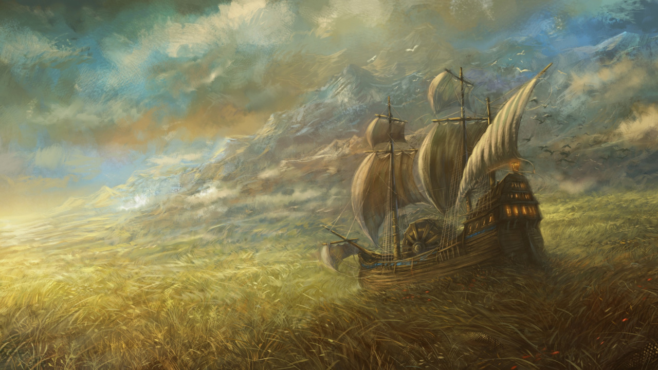 Brown and Black Ship on Brown Grass Field Painting. Wallpaper in 1280x720 Resolution