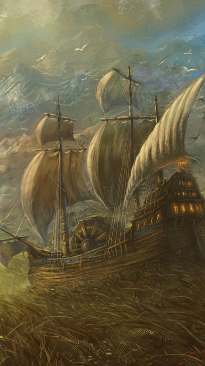 Brown and Black Ship on Brown Grass Field Painting. Wallpaper in 720x1280 Resolution