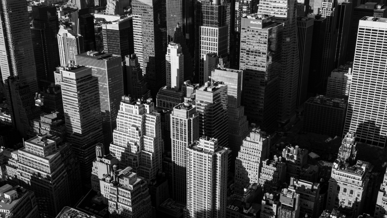 Grayscale Photo of City Buildings. Wallpaper in 1280x720 Resolution