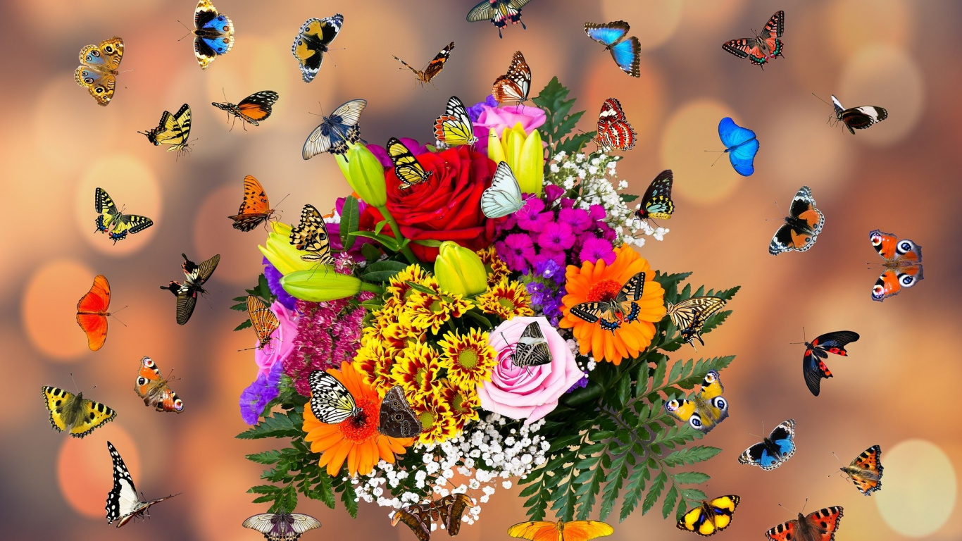 Yellow and Pink Flowers With Butterflies. Wallpaper in 1366x768 Resolution