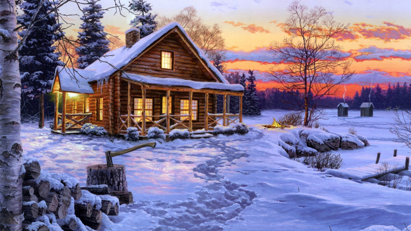 Braunes Holzhaus Bei Sonnenuntergang Mit Schnee Bedeckt. Wallpaper in 1366x768 Resolution