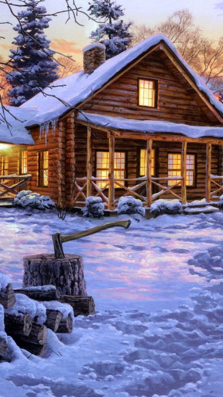 Braunes Holzhaus Bei Sonnenuntergang Mit Schnee Bedeckt. Wallpaper in 750x1334 Resolution