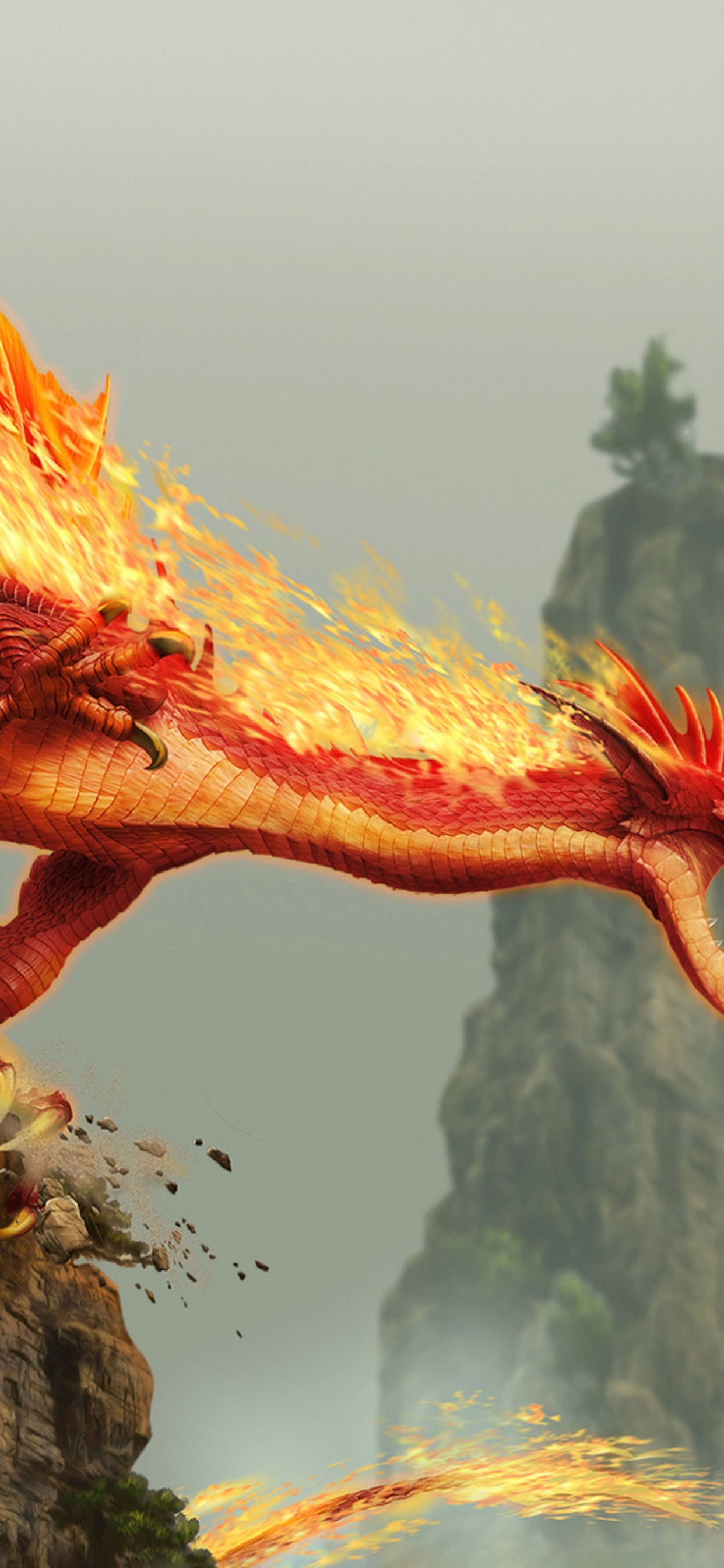 Red Fire Dragon, Dragon, Fantasy, Tree, Mythical Creature. Wallpaper in 1242x2688 Resolution