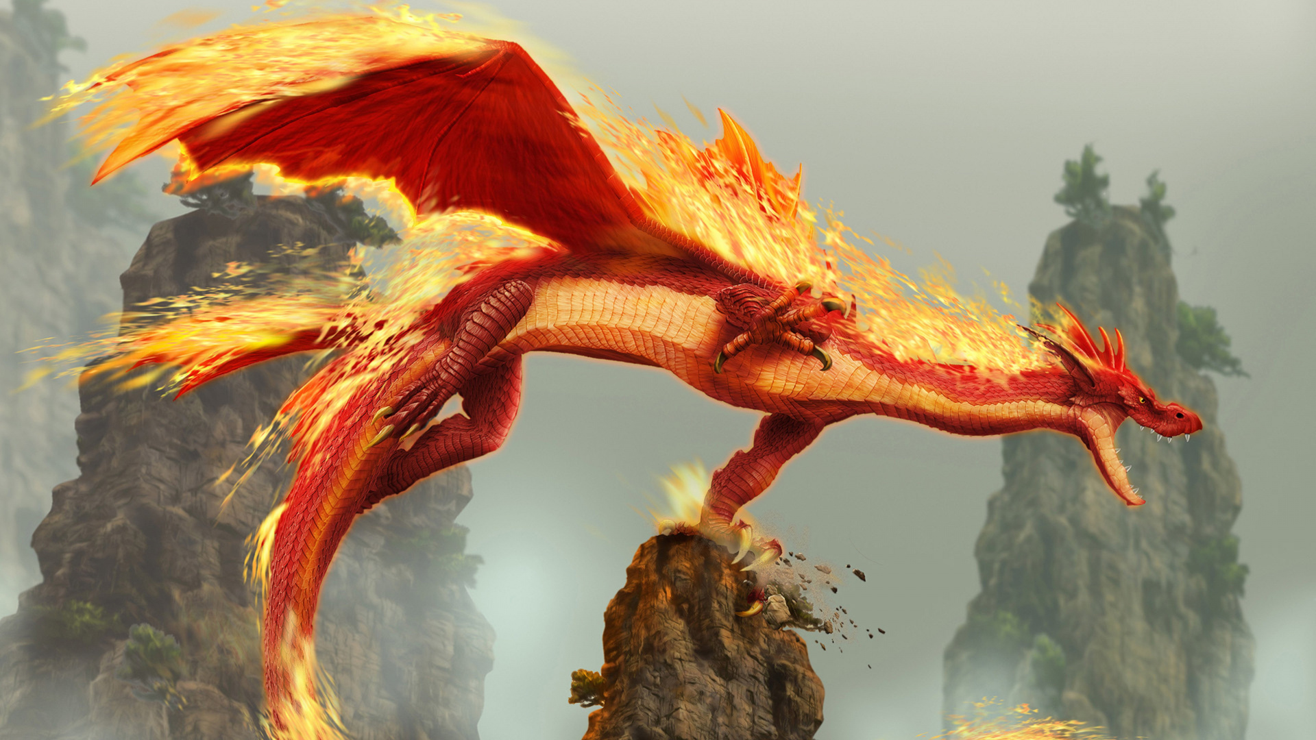 Red Fire Dragon, Dragon, Fantasy, Tree, Mythical Creature. Wallpaper in 1920x1080 Resolution