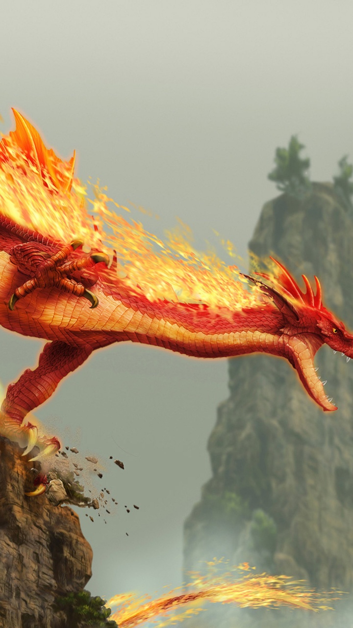 Red Fire Dragon, Dragon, Fantasy, Tree, Mythical Creature. Wallpaper in 720x1280 Resolution