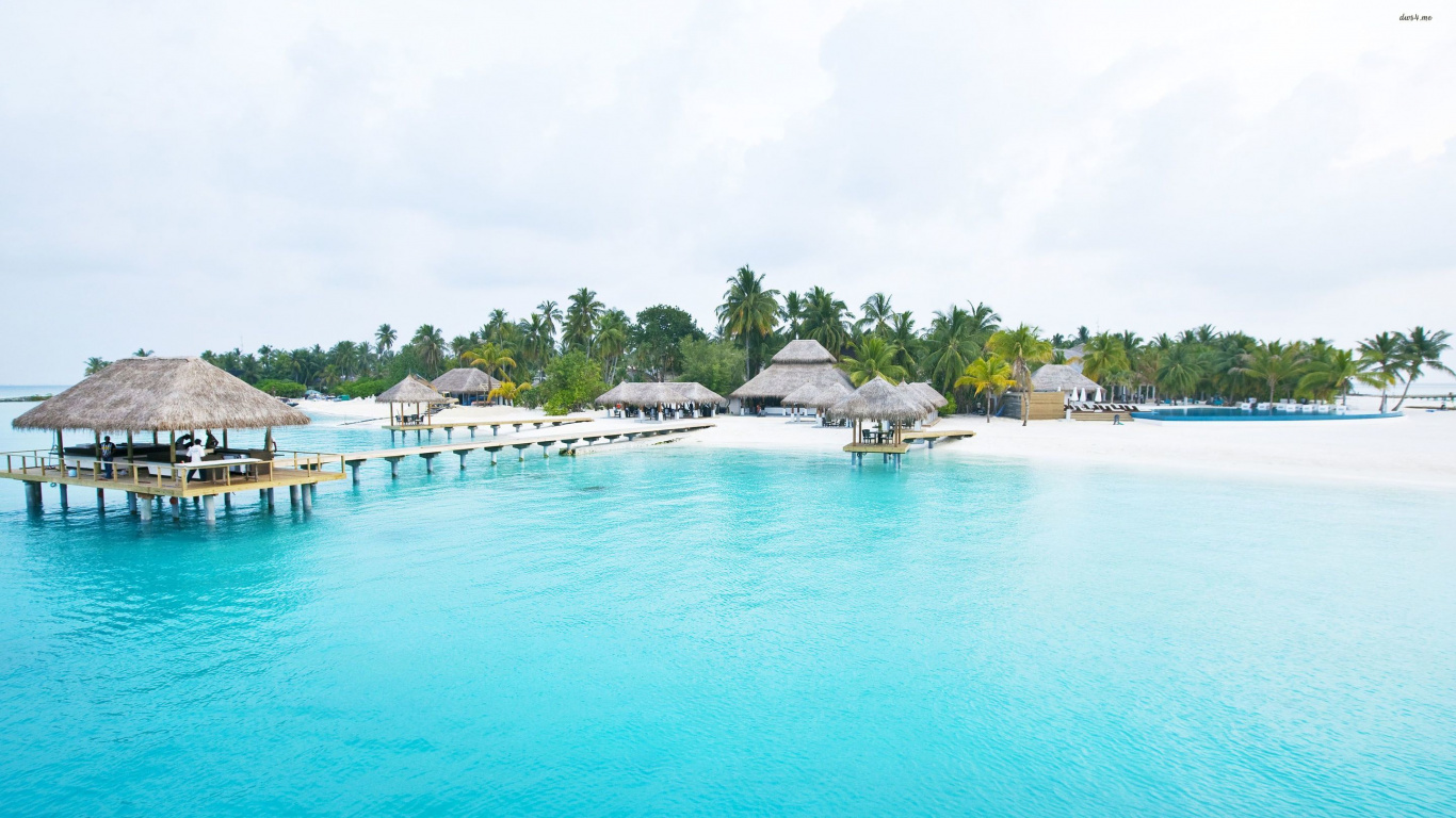 White and Blue Beach Umbrellas on Beach During Daytime. Wallpaper in 1366x768 Resolution