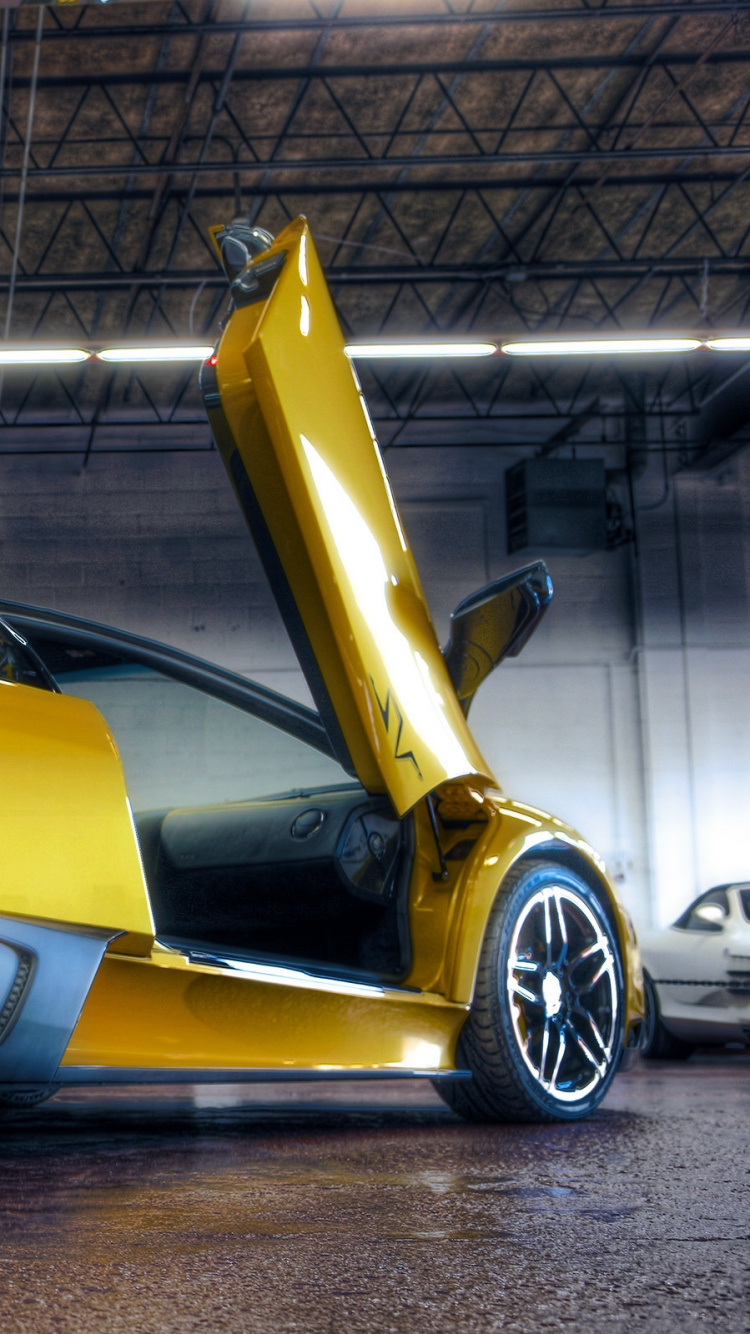 Yellow Ferrari 458 Italia in a Building. Wallpaper in 750x1334 Resolution