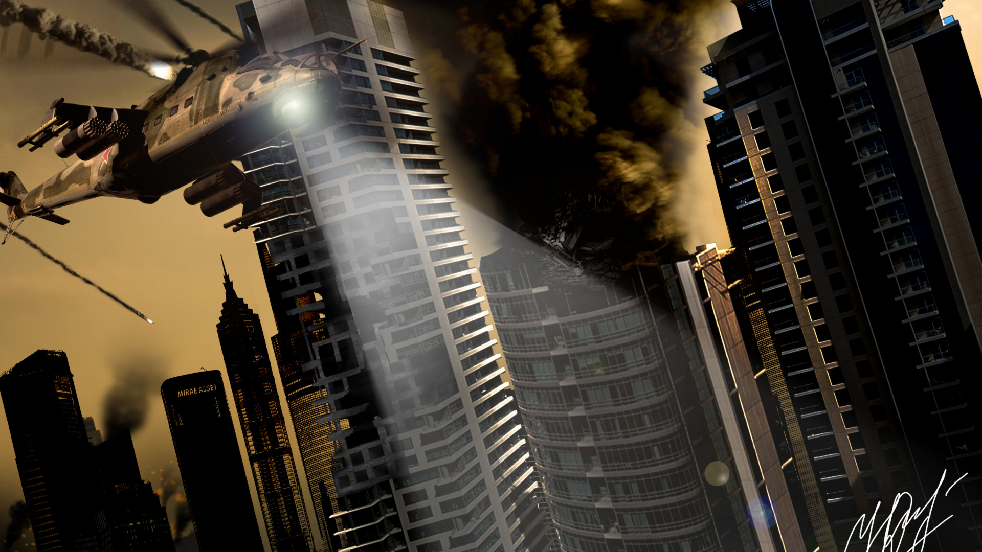 Military Helicopter, Skyscraper, Architecture, Urban Area, City. Wallpaper in 1920x1080 Resolution