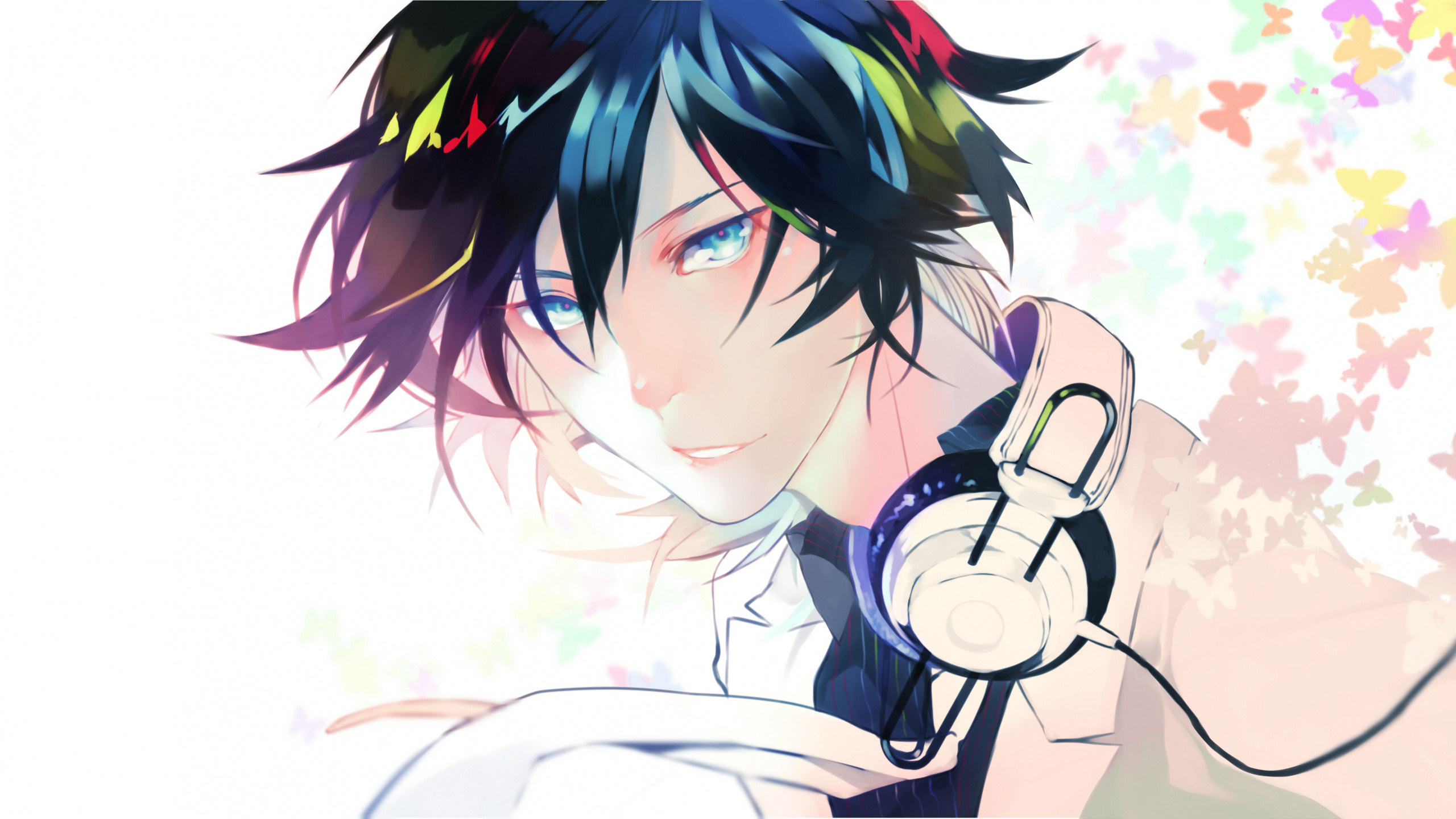 Fille Aux Cheveux Verts Portant Des Écouteurs Personnage Anime. Wallpaper in 2560x1440 Resolution