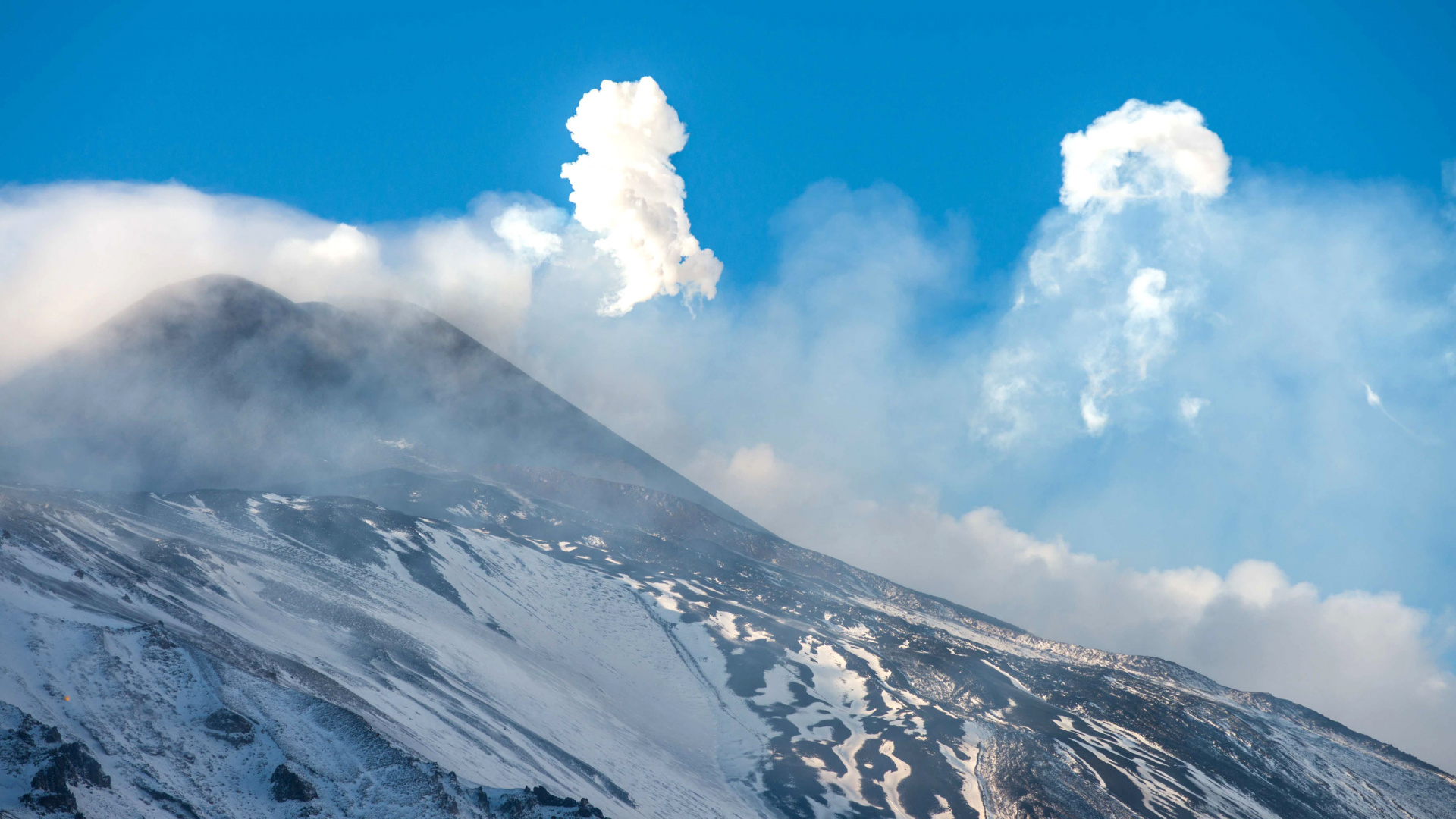 White Clouds on Blue Sky Over Snow Covered Mountain. Wallpaper in 1920x1080 Resolution