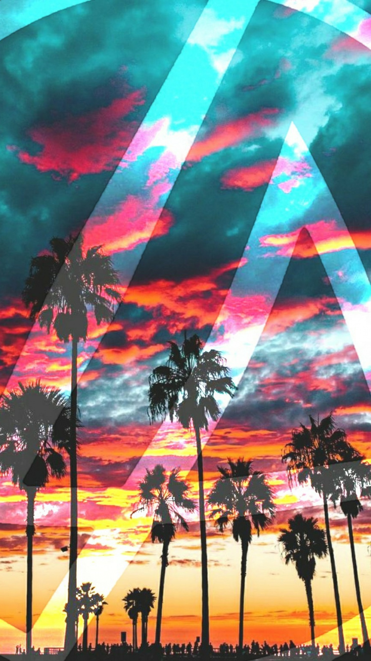 People Walking on Park With Palm Trees Under Blue Sky With Rainbow During Daytime. Wallpaper in 750x1334 Resolution