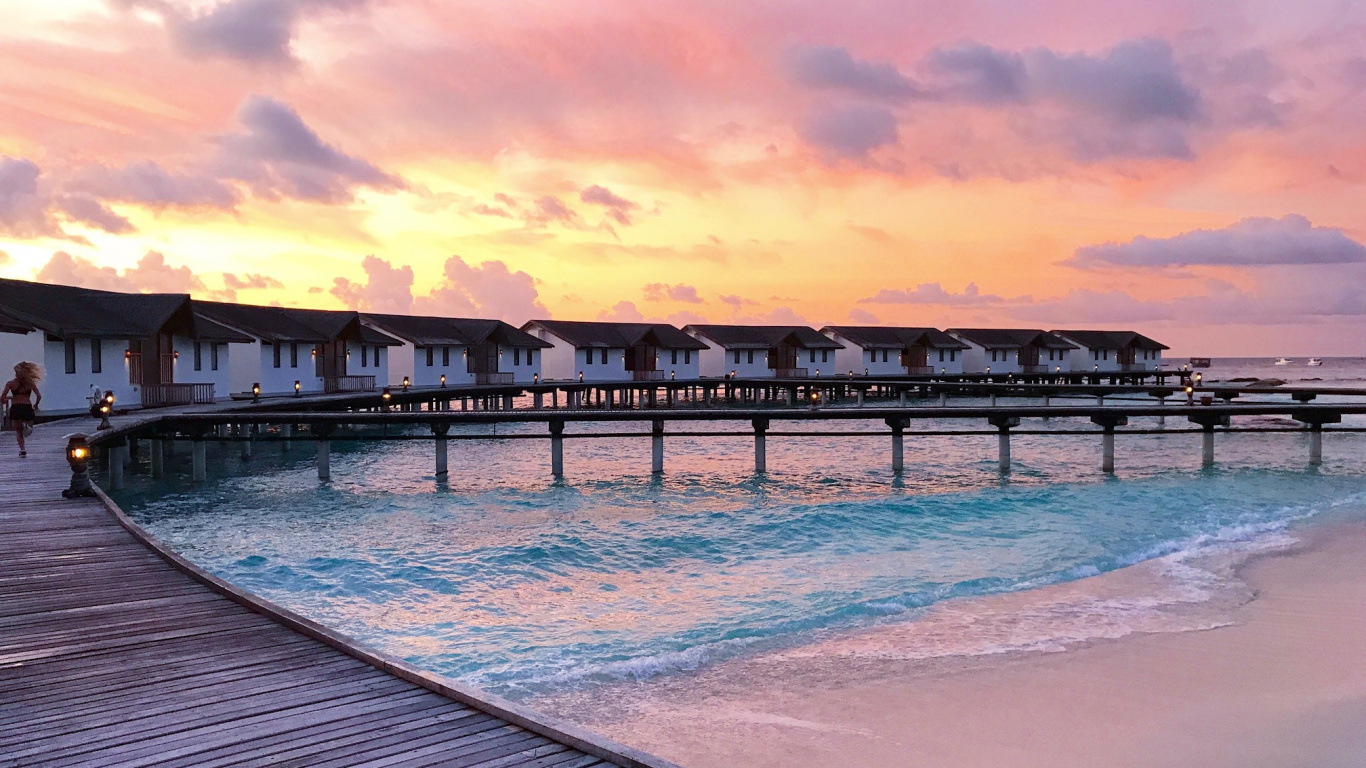 Brown Wooden Dock on Sea During Sunset. Wallpaper in 1366x768 Resolution