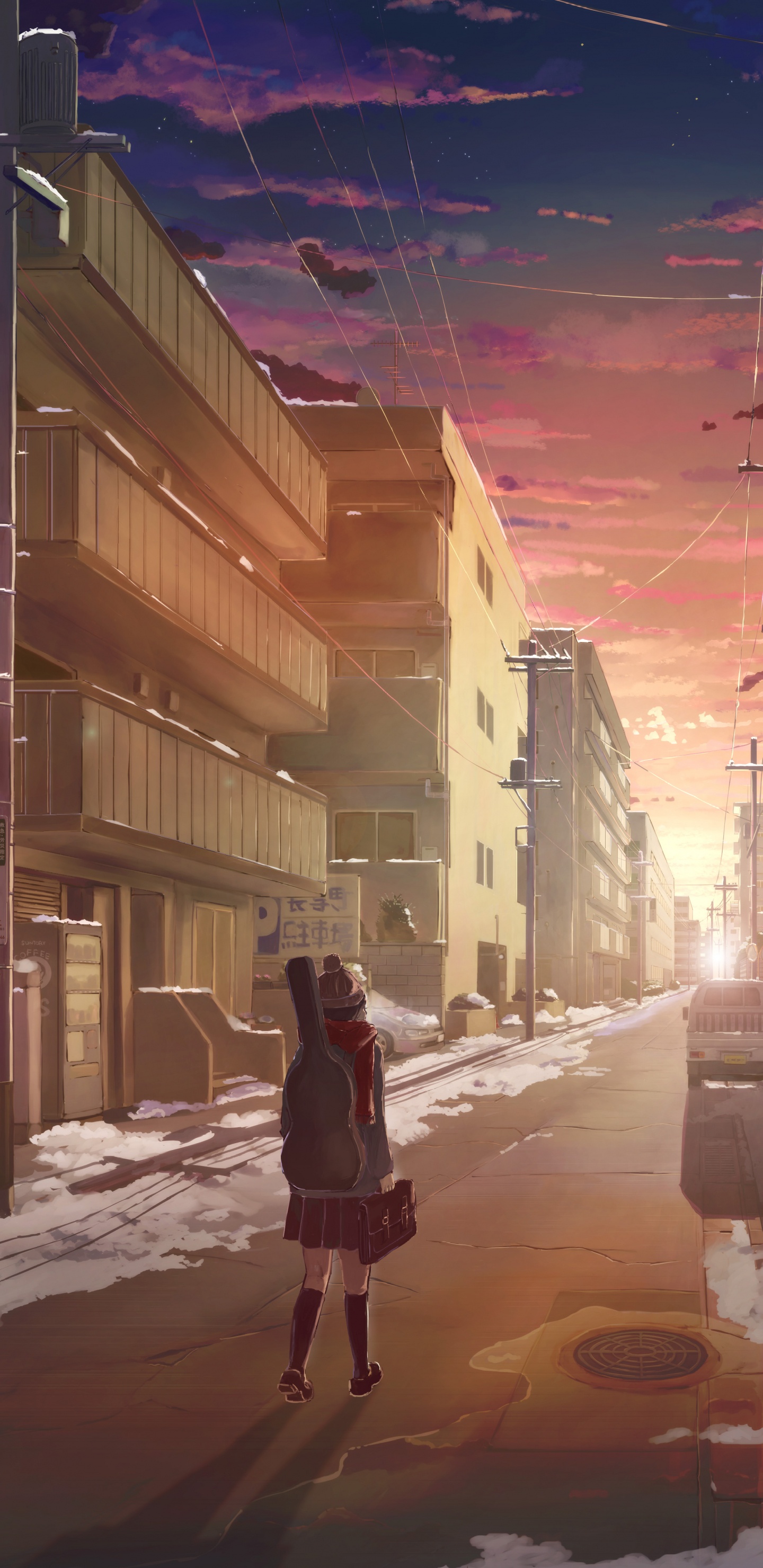 Mujer de Chaqueta Negra Caminando Por la Carretera Cubierta de Nieve Durante la Noche. Wallpaper in 1440x2960 Resolution