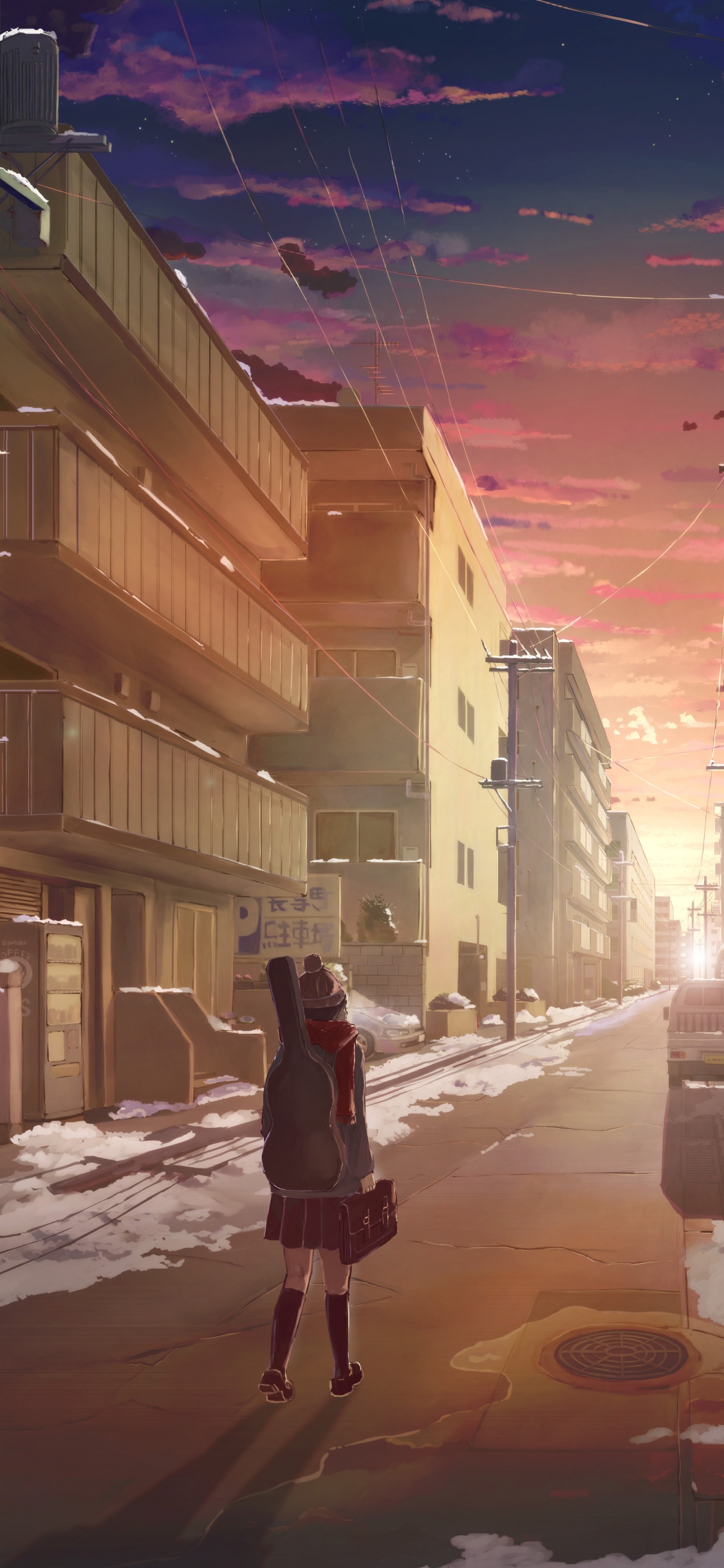 Frau in Schwarzer Jacke, Die Nachts Auf Schneebedeckter Straße Geht. Wallpaper in 1125x2436 Resolution