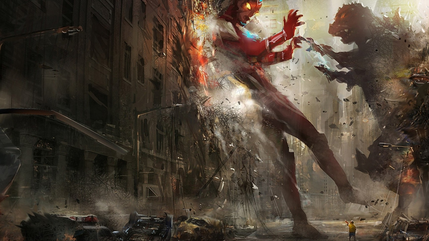 Man in Red Shirt Standing on Fire. Wallpaper in 1366x768 Resolution