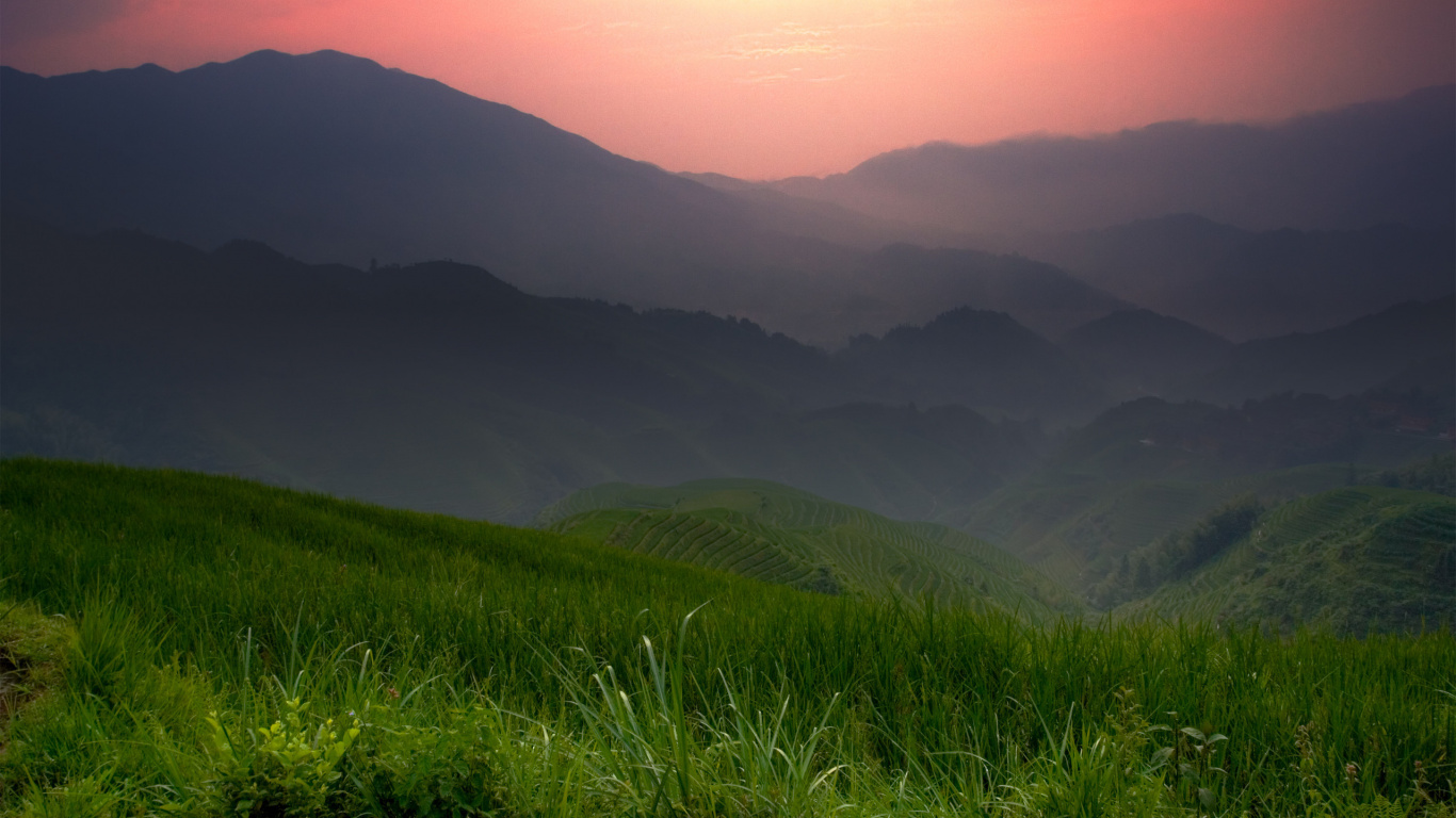 Green Grass Field Near Mountain During Daytime. Wallpaper in 1366x768 Resolution