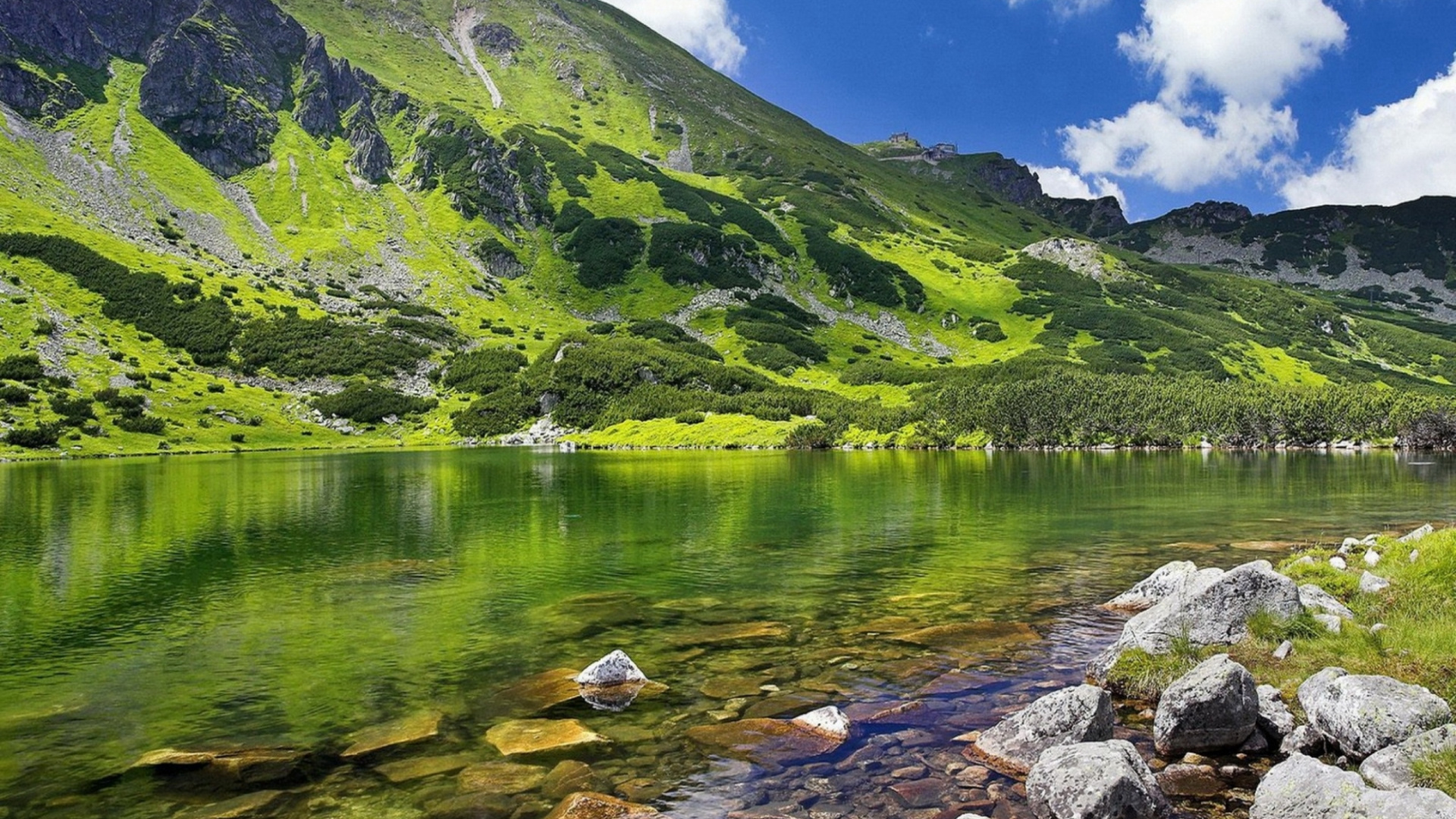 Green Mountain Beside Lake Under Blue Sky During Daytime. Wallpaper in 1920x1080 Resolution