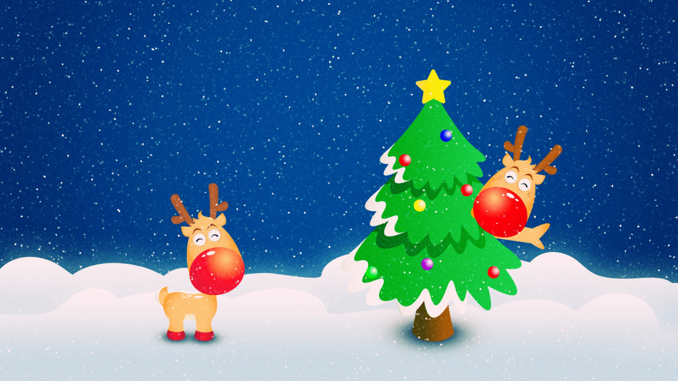 Weihnachten, Schneemann, Weihnachtsbaum, Weihnachtsmann, Rentier. Wallpaper in 1366x768 Resolution