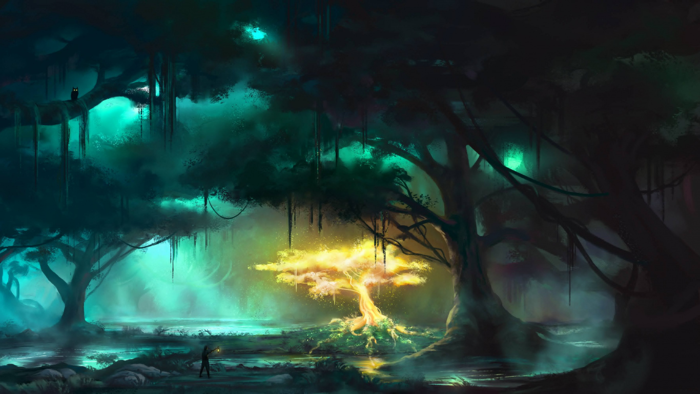 Green Trees With Orange Smoke. Wallpaper in 1366x768 Resolution