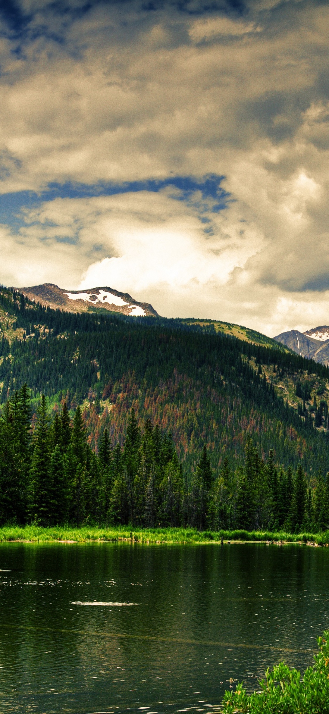 Lac Entouré D'arbres et de Montagnes Sous un Ciel Nuageux Pendant la Journée. Wallpaper in 1125x2436 Resolution