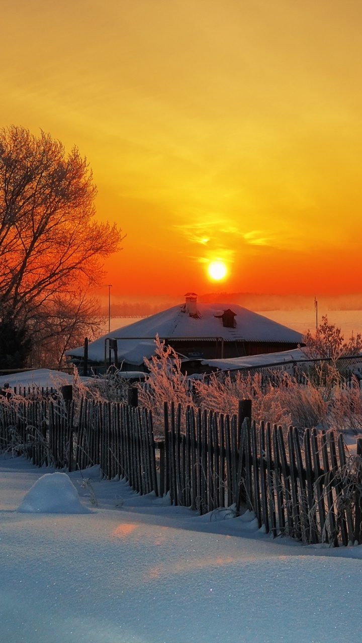Snow Covered Fence During Sunset. Wallpaper in 720x1280 Resolution
