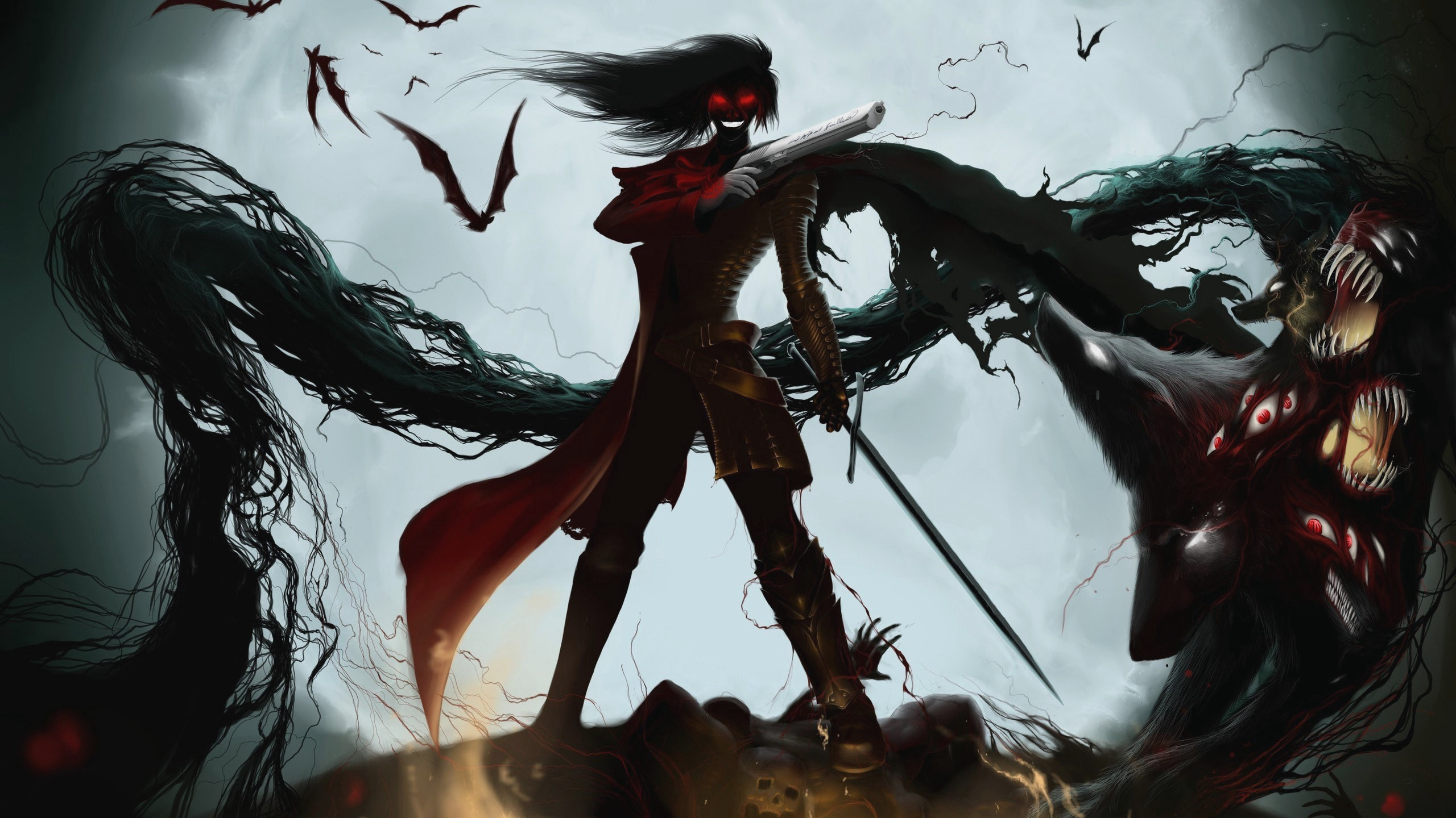 Mujer, En, Negro y Rojo, Vestido, Tenencia, Espada. Wallpaper in 2560x1440 Resolution