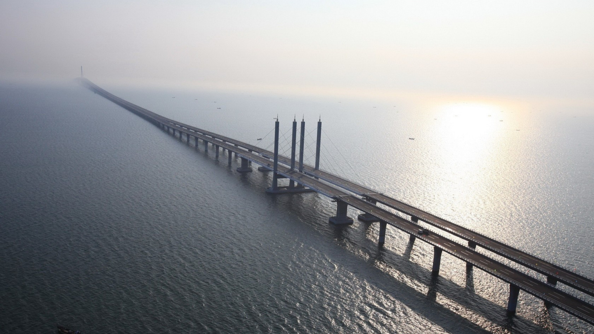 Jiaozhou Bay Bridge, Jiaozhou City, 有线桥, 雾, 大海 壁纸 1920x1080 允许