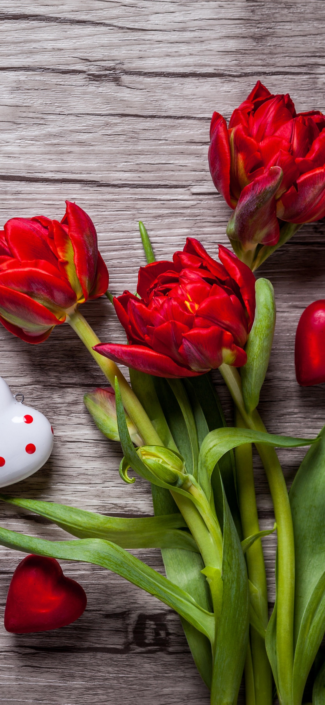 Red Tulips on Gray Wooden Surface. Wallpaper in 1125x2436 Resolution